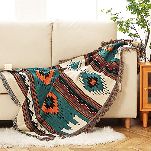 Homesy Boho Throw Blankets Southwestern Bed Throws Cover Reversible Green Aztec Southwest Blanket for Couch Chair Sofa Home Outdoor Beach Car Tent Travel Camping 63"x87" - color: Green, size: 63"x87"