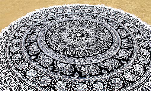 Round tapestry Indian Mandala Roundie Beach Throw Tapestry Hippy Boho Gypsy Cotton Tablecloth Beach Towel, Round Yoga Mat (42 Inches, Black And WHite) - color: Black And WHite, size: 42"L x 42"W