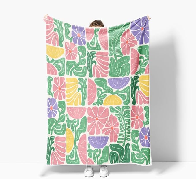 Boho Abstract Colorful Floral Throw Blanket, Vintage Retro Patchwork Purple Green Flower Botanical Geometric Aesthetic Groovy Flannel Throw Blanket for Chair Bed Sofa Couch, 50X60IN
