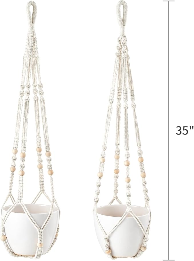 Dahey Macrame Plant Hanger Indoor Hanging Planter Basket with Wood Beads Handmade Woven Cotton Rope Flower Pot Holder Stand for Boho Outdoor Home Decor No Tassels, 35 Inch, Set of 2