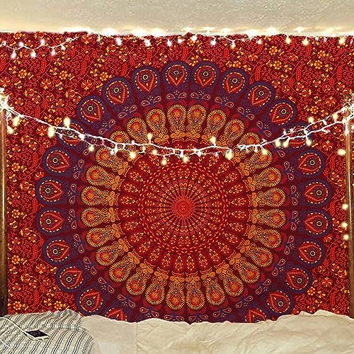 Bless International Indian hippie Bohemian Psychedelic Golden Blue Peacock Mandala Wall hanging Bedding Tapestry (Golden Brown Maroon, Medium (54x60Inches)(137x152cms)) - color: Golden Brown Maroon, size: 60"L x 54"W