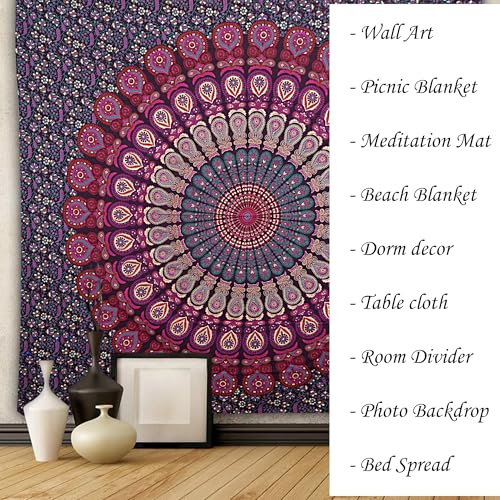 FURNISHFUL FINESSE Handmade Cotton Peacock Mandala Tapestry - Purple Pink Ombre Boho Wall Decor, Bohemian Hippie Room Hanging for Bedroom & Dorm Aesthetic - 54x84 Inch - color: Purple Pink, size: 84"L x 54"W