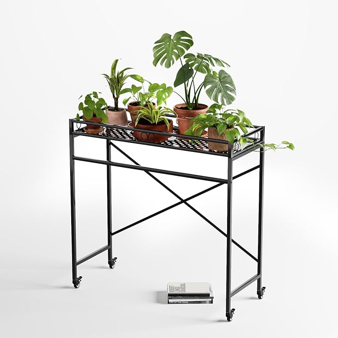Zhongma 1 Tier Window Height Sturdy Metal Plant Stand with Wheels, 40.5x16x40.4 in High, Heavy Duty Succulent Shelf for Home Indoor and Outdoor, 220 LBS Capacity & Heavy Duty Construction