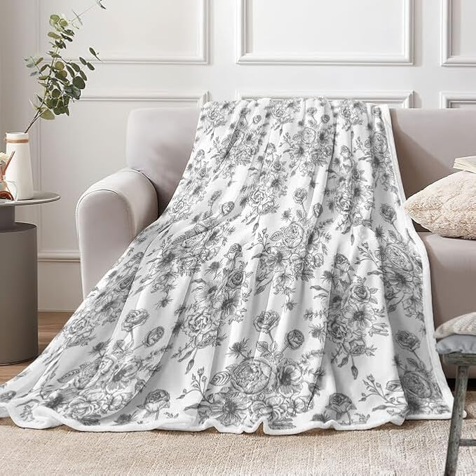 Floral Throw Blanket, Botanical Floral Blanket, Soft, Flannel, Warm, Boho Floral Bed Blanket All Season Flower Throw Blanket for Couch Bedroom Living Room, Gray 60X70 Inch