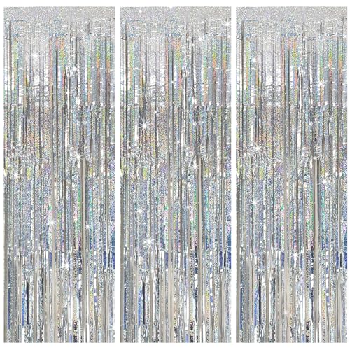 3 Pack Silver Backdrop Curtain Party Decorations Foil Fringe Backdrop Silver Tinsel Streamers Birthday Bachelorette New Year Christmas Wedding Baby Shower Disco Party Decorations - color: Silver