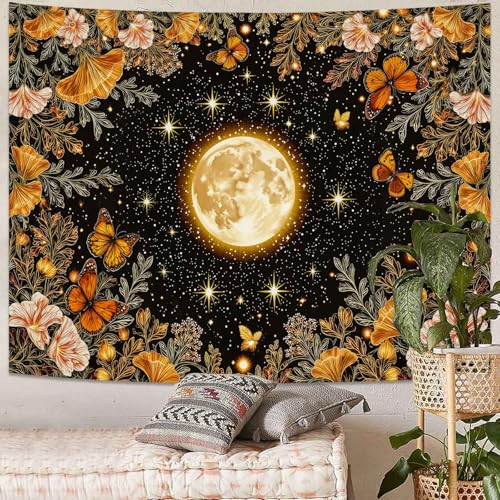 Kanuyee Golden Ginko Tapestry Nature Style Tapestry for Bedroom Celestial Starry Sky tapestries Wall Hanging Aesthetic Room Decor Full Moon and Ginko Leaves 80"x60" - color: Black Pink, size: 80"L x 60"W