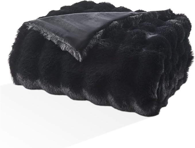 EMME Faux Fur Blanket Twin Size Black - Big Bubble Rabbit Cozy Blanket for Couch, Thick Furry Plush Shaggy Blankets, 650GSM, 60x80 Inches