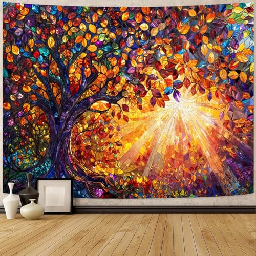 Lunerfex Tree of Life Tapestry Stained Glass Tapestry Wall Decor Tapestries for Bedroom Art Tapestries Wall Hanging for Bedroom Living Room Glass-Tree-03 44"x60" - color: Colorful Orange, size: 60"L x 44"W