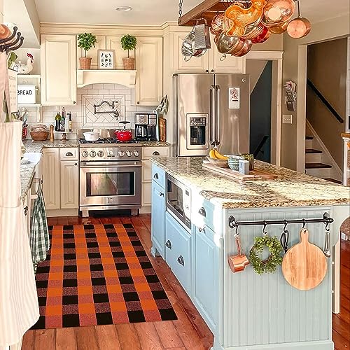 Bottalive Buffalo Plaid Outdoor Rugs, 3'x5' Orange and Black Checkered Indoor/Outdoor Area Rug, Layering Rug for Hello/Welcome Door Mat, Washable Cotton Woven Farmhouse Mat for Fall Front Porch Décor - color: Orange and Black Plaid, size: 3' x 5' (Rectang