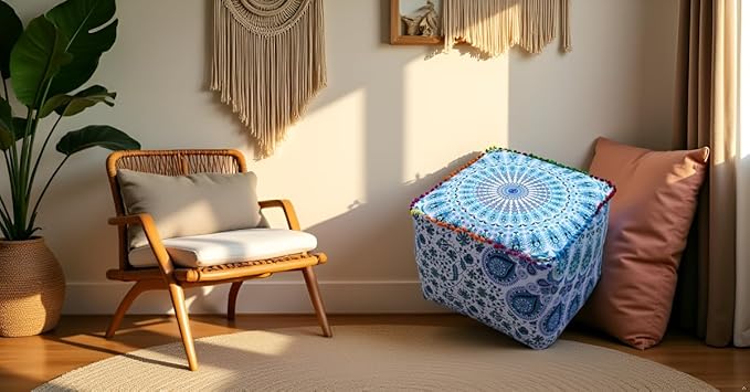 CRAFT KALA Indian Square Patchwork Traditional Pouf Cover Indian Living Room Poufs Decorative Designer Pom Pom Ottoman Cover Home Living Footstool Cover Ottoman Decor 22X22X14 inches, Sky Blue Mirchi