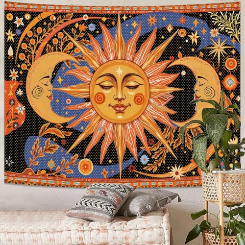 Kanuyee Celestial Sun and Moon Tapestry Nature Style Tapestry for Bedroom Celestial Starry Sky tapestries Wall Hanging Aesthetic Room Decor Smiling Sun and Crescent Moons 80"x60" - color: Orange Yellow, size: 80"L x 60"W