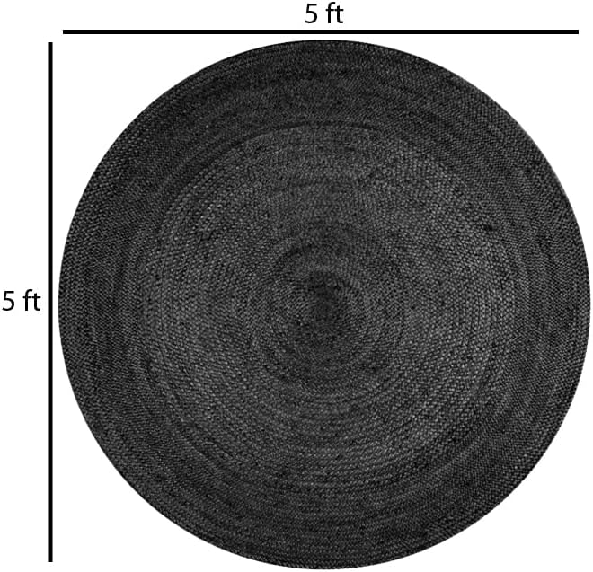FRELISH DECOR Handwoven Jute Area Rug - Black Round Rustic Vintage Braided Reversible Rug - Eco Friendly Rug for Bedroom - Kitchen - Living Room - Farmhouse (5' Round - Black)