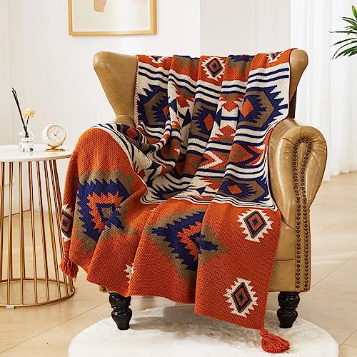 AIVIA Southwestern Chair Throw Blankets, Acrylic Knitted Southwest Tribal Bed Couch Sofa Blanket, Native American 2025 Ideal for Mom Dad Women Grandma Wife Daughter Sister - color: Rusted Brown Navy White, size: 50”x60”