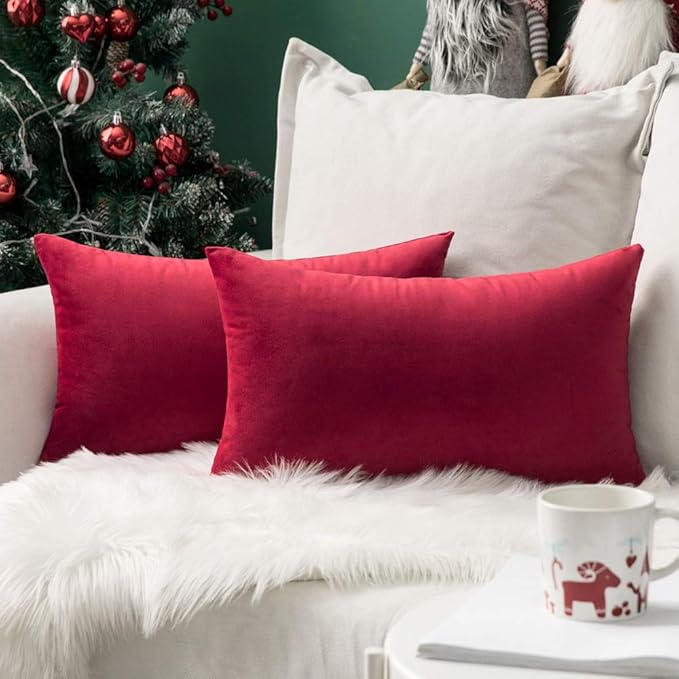 MIULEE Pack of 2 Velvet Pillow Covers Decorative Lumbar Rectangle Pillowcase Soft Solid Cushion Case Home Decor for Couch Sofa Bedroom Car 12x20 Inch Red