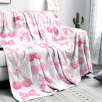 Pink Cherry Bow Throw Blanket Back to School Decorations Soft Dorm Room Essentials Gifts for Students Girls Boys Lightweight Coquette Bow Cherry Aesthetic Blanket for Couch Sofa Bed 40"x50"