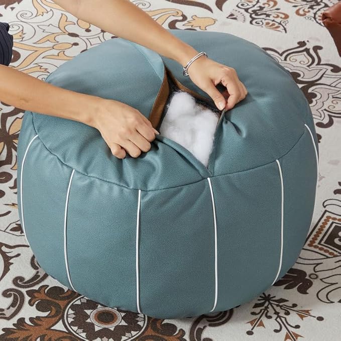 Louis Donné 21 Inch UNSTUFFED Moroccan Pouf Ottoman Cover, Handmade Faux Leather Foot Stool, Round Storage Poof Cover, Exotic Décor for Living Room Bedroom or Wedding Gifts ONLY Cover(Blue)