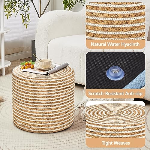 Wimarsbon 18'' Ottoman Pouf, Natural Braided Poof, Rustic Handweave Lounge Pouffe, Boho Footrest Stool for Bedroom, Accent Table or Seat for Living Room (Natural Water Hyacinth + White Cotton Rope) - color: 18inch Natural Water Hyacinth + White Cotton Rop