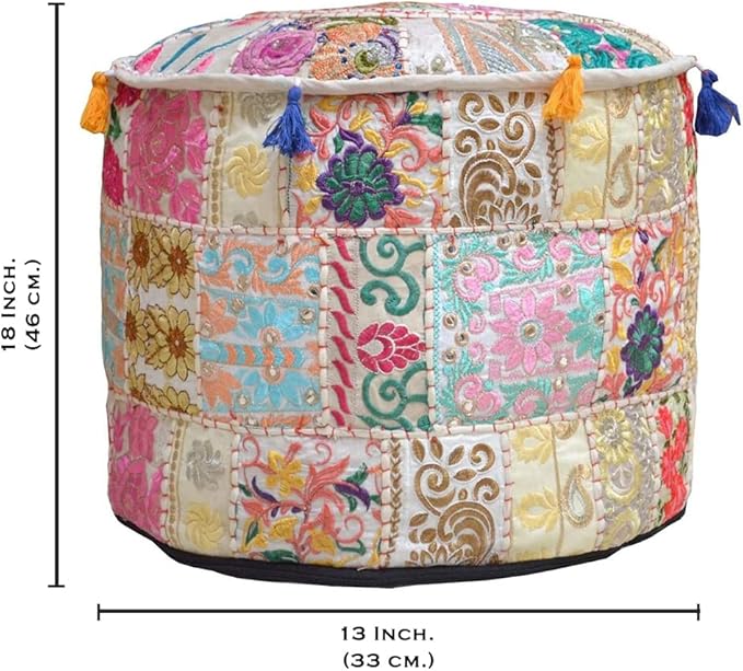 Aakriti Gallery Indian Pouf Footstool Ethnic Embroidered Pouf Cover, Indian Cotton Round Pouffe Ottoman Pouf Cover Pillow Ethnic Decor Art - Cover Only (Beige, 18x13)