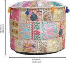 Aakriti Gallery Indian Pouf Footstool Ethnic Embroidered Pouf Cover, Indian Cotton Round Pouffe Ottoman Pouf Cover Pillow Ethnic Decor Art - Cover Only (Beige, 18x13)