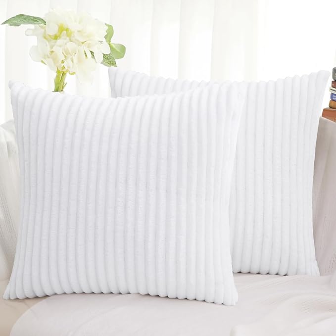 Simmore Decorative Spring Euro Sham Throw Pillow Covers 24x24 Set of 2, Soft Natural Plush Flannel Double-Sided Fluffy Couch Pillow Covers for Sofa Living Room, White