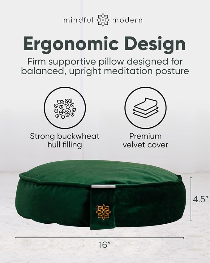 Mindful Modern Velvet Meditation Cushion | Luxe Zafu Yoga Floor Pillow Seat | Posture Support | Buckwheat Hull Filled | Large Round Cushion with Removable Washable Cover + Carry Handle
