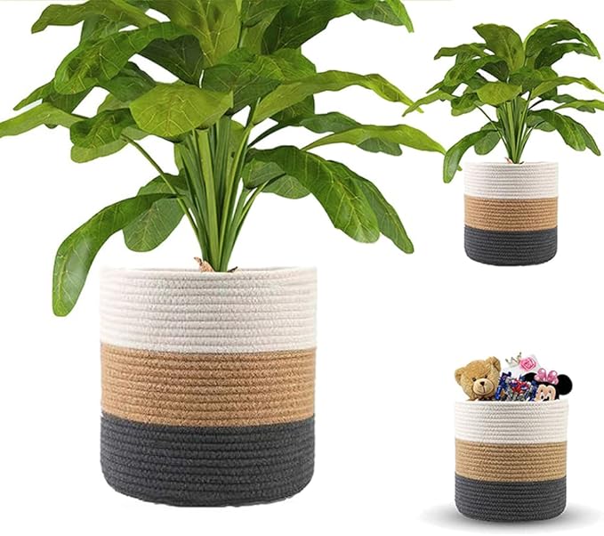 Woven Cotton Rope Plant Basket for Flower Pot Indoor Planters, 8" x 8" Jute Foldable Storage Basket Organizer Modern Decor Household Laundry Basket