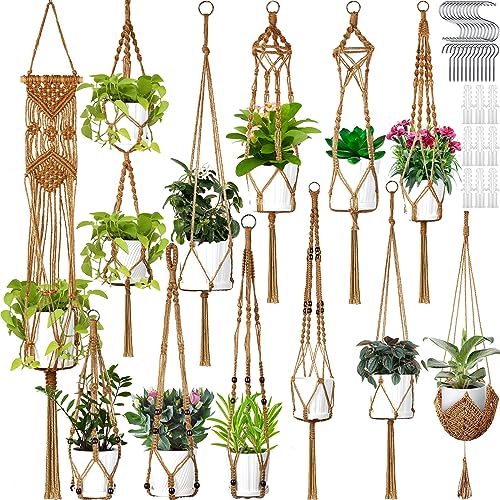 Hoteam 12 Pcs Macrame Plant Hangers Macrame Hanging Planters for Indoor Plants Handmade Boho Hanging Baskets Flower Pots Holder for Outdoor Home Wall Decor - color: Brown