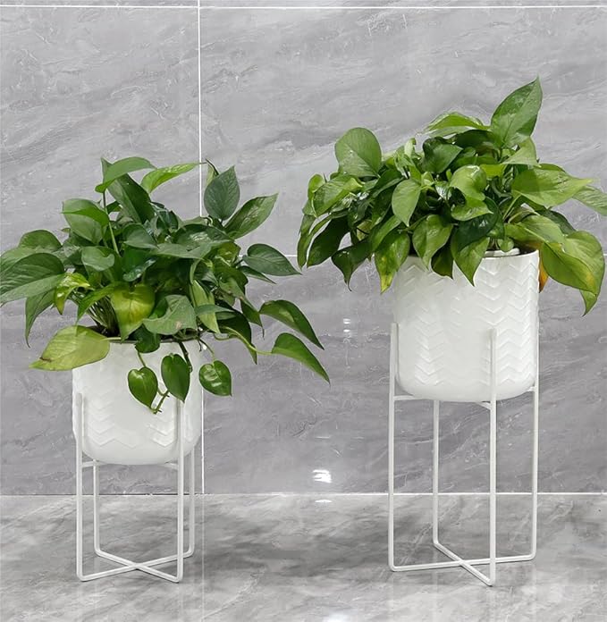 TRIROCKS Set of 2 Planters with Stand Indoor Otdoor Metal Plant Stand 18&12" Tall Modern Planters Flower Pots for Living Room Corner Kitchen Office Garden Balcony Patio Decor(White)