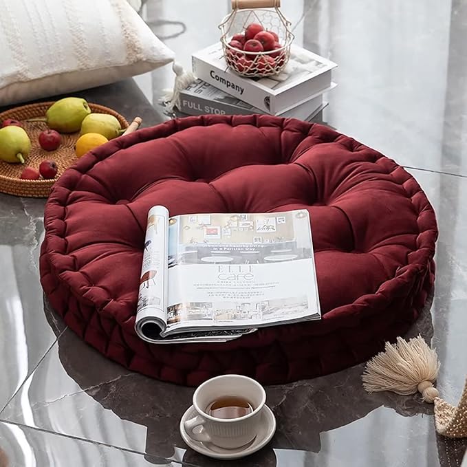 Round Floor Seat Pillows Cushions 24" x 24" with Carrying Handle, Soft Velvet Yoga Meditation Pouf Tatami Floor Pillow Cushion for Living Room Casual Reading Nooks, Red