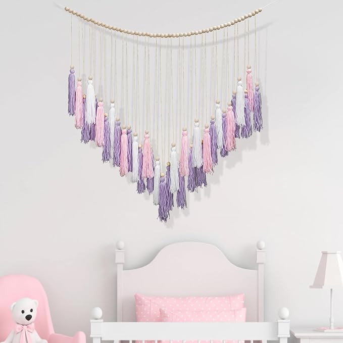 Luxbrand Pink & Purple Macrame Hanging Boho Wall décor, Large Tassel Wall Hanging with Wood Beads, Purple Wall Decor for Bedroom Living Room Girls Room Nursery, 41" W x 32" H