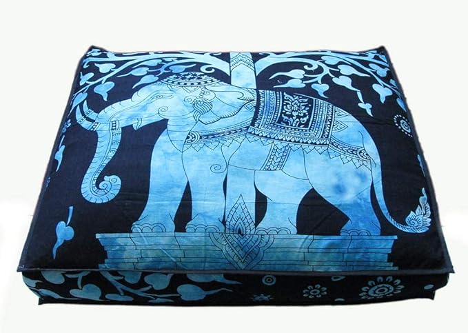 CRAFT KALA Mandala Floor Pillow Cushion Cover Seating Throw Cover Hippie Decorative Bohemian Ottoman Poufs Pom Pillow Cases Boho Indian Cotton Living Room Yoga Home Décor 35" Square Blue Elephant Tree