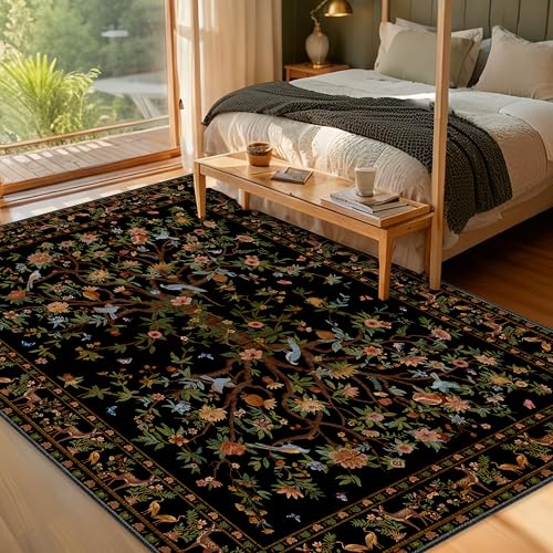 Black Area Rugs 5x7, Machine Washable Non-Slip Rug, Boho Floral Botanical Soft Low Pile Throw Rugs for Living Room, Bedroom, Dining Room, Office - color: Black, size: 7' x 5' (Rectangular)