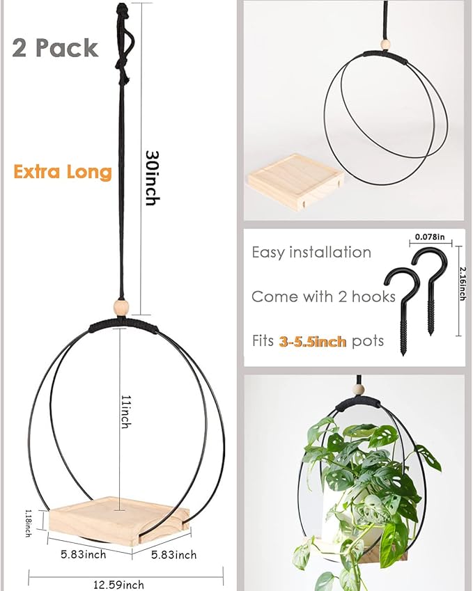 Plant Hangers Indoor with Wood Base -2 Pack Boho Macrame Hanging Plant Holder for Indoor Plants Hanging Planter for Wall/Window/Room Decor Black (Pot & Plant Not Included)