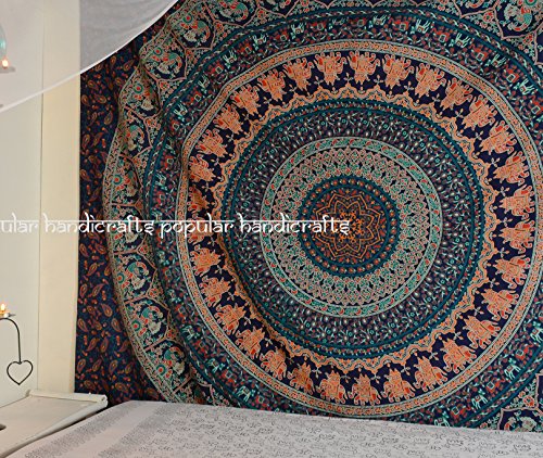 Popular Handicrafts Tapestry Wall Hanging Hippie Mandala Bohemian Hippy Psychedelic Design Indian Indian Magical Tapestries Bedspread 90 x 108 Inches (230cm x 270cm) Navy Blue - size: 108"L x 90"W