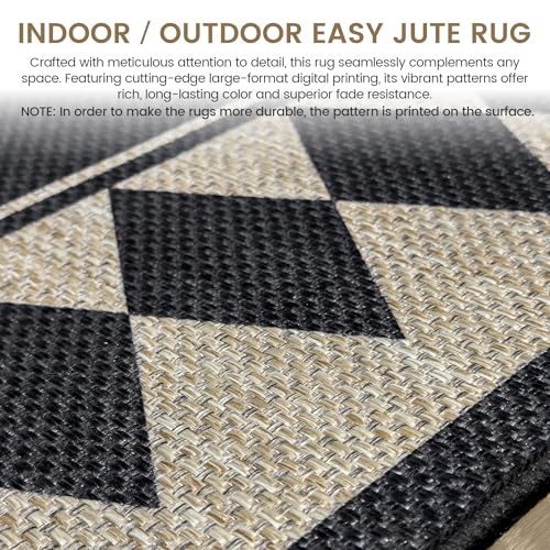 Washable Checkered Easy Jute Rug 8x10, Black Checkerboard Geometric Modern Outdoor Indoor Patio Large Bordered Rug, Woven Thin Carpet for Living Dining Play Room Bedroom Classroom Kids Nursery - color: Checkerboard -2 Black / Nature, size: 8' x 10'