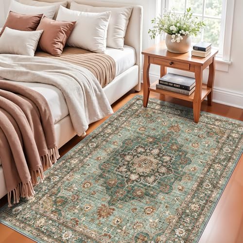 4x6 Area Rugs for Living Room: Perfect for Bedroom Kitchen Kids Room Nursery - Stain & Water Resistant Non-Slip Pet & Child Friendly Vintage Carpet (Green, 4x6) - color: Green, size: 4' x 6' (Rectangular)