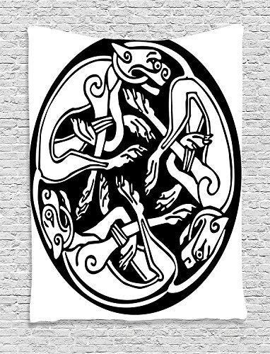 Ambesonne Celtic Tapestry, 3 Dogs Biting Their Tails Animal Forms Vikings Heritage Celtic Knots Medallion, Wall Hanging for Bedroom Living Room Dorm Decor, 40" X 60", White Black - color: White Black, size: 60"L x 40"W