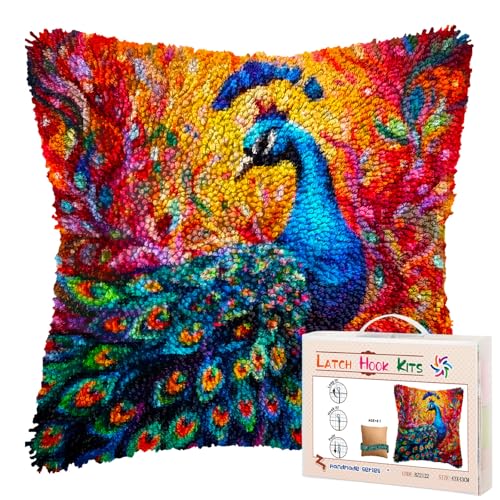Colorful Peacock DIY Latch Hook Pillow Kits for Adults Printed Pillowcase Crochet Yarns Hooking Handmade Pillow Cover Cushion for Home Sofa Decoration 17x17inch - color: 09-Peacock