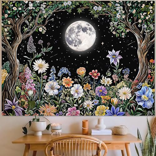 Kanuyee Boho Moon Tapestry Colorful Floral Wall Tapestry, Cute tapestries for Bedroom Ceiling Tapestries Wall Hanging for Bedroom Living Room Decor Moon-1 60"x80" - color: Snow White, size: 80"L x 60"W
