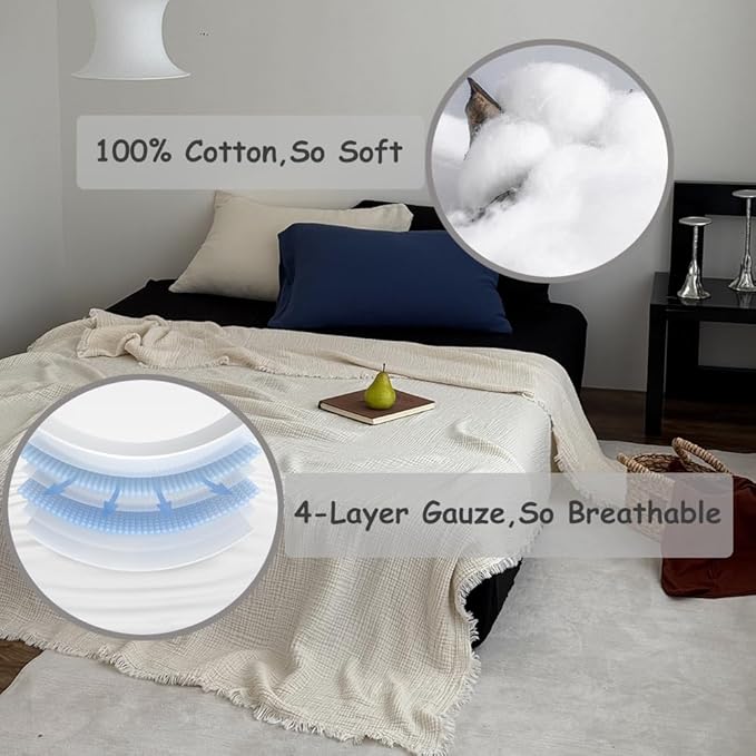 100% Cotton 4-Layer Muslin Blanket with Fringes, 50"x60", Beige Throw Blanket, Ultra-Soft Gauze Blanket, Boho Bedding for All Seasons, Breathable for Couch, Bed(Beige,Throw)