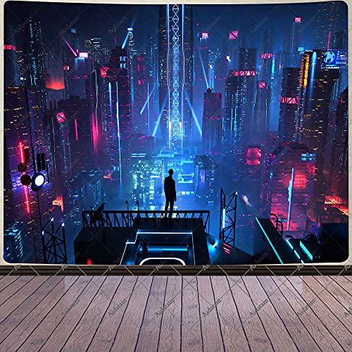 Aidatain Punk Cityscape Tapestry Skyscrapers Skyline 3D Urben Building Neon Lights Night Wall Hanging Tapestries Flannel Large Size 80" 60" for Bedroom Living Room GTWHAT102 - color: Punk Cityscape