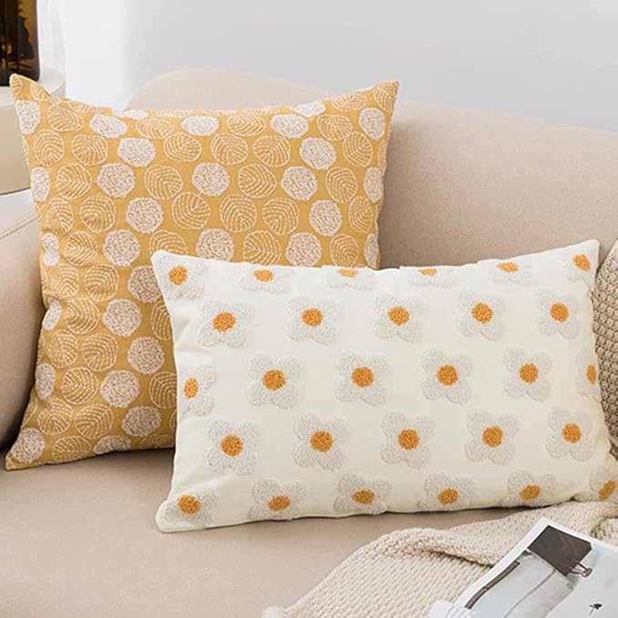 vctops Boho Floral Tufted Decorative Throw Pillow Cover Botanical Pattern Cotton Cushion Cover for Couch Sofa Bed (Flower A,12"x20")