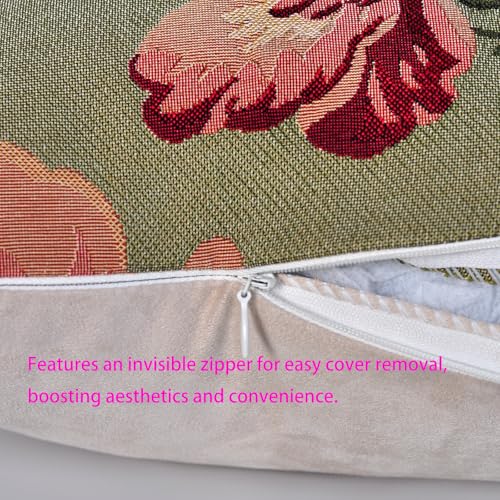 Jacquard Woven Floral Pillow Cover | Vintage Style Botanical Tapestry Cushion Case for Sofa Couch Bed Decor | Country Cottagecore Home Accent Throw Pillow Sham 18x18 Inch (Florals on Green Background) - color: Florals on Green Background
