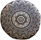 32" Gold Mandala Barmeri Large Floor Pillow Cover Cushion Meditation Seating Ottoman Throw Cover Hippie Decorative Zipped Bohemian Pouf Ottoman Poufs, Pom Pom Pillow Cases (Gold Black, 32 inch Round)