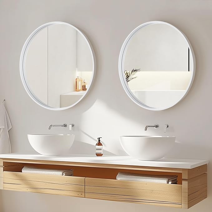 WallBeyond Round Wood Mirror 28 inch Circle Wall Mirror for Bathroom Round Wall Mirror for Wall Decor, Vanity, Entryway Living Room (White)