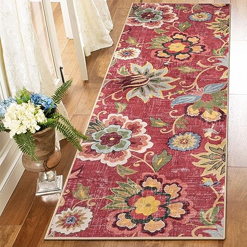 Beeiva Floral Washable Runner Rug 2x6, Red Christmas Runners Rug for Hallway with Rubber Backing, Ultra Thin Vintage Non Skid Washable Carpet for Bedroom Entrway Laundry Room - color: Red, size: 2' x 6' (Rectangular)