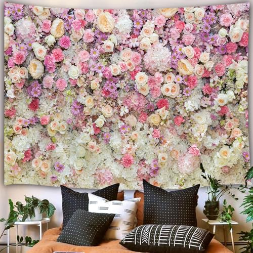 JAWO Pink Rose Floral Wall Tapestry, Aesthetic Floral Backdrop for Wedding Party Home Wall Decor, Romantic Pink Rose Flower Tapestry Wall Hanging for Bedroom Living Room Dorm Decor, 71x60 Inches - color: Floral, size: 71"L x 60"W