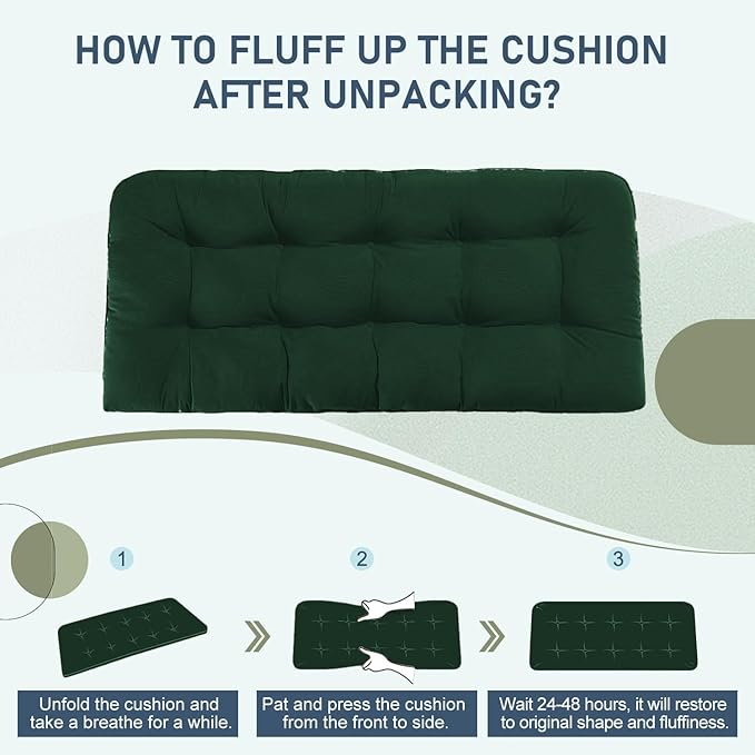 downluxe Outdoor Bench Cushion for Patio Furniture, Water Resistant Tufted Overstuffed Porch Swing Cushions, Thick Outdoor Loveseat Cushions, 44" X 19" X 5", Forest Green, Set of 1