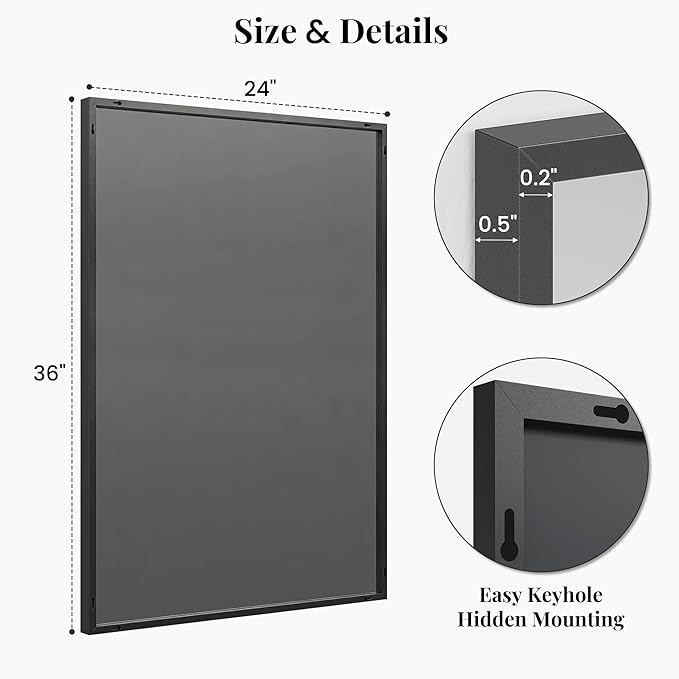 24''x36'' Matte Black Bathroom Mirror, Metal Framed Vanity Mirror for Wall Over Sink, Modern Farmhouse Rectangular Decor, Flush Mount, Vertical/Horizontal