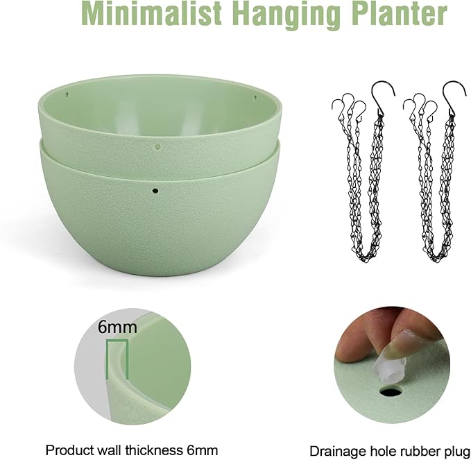 10 inch Hanging Planters Plant Pots for Indoor Outdoor Plants, 2 Pack Hanging Flower Pots with Drainage Holes and Chain for Garden Porch, Plastic Hanging Baskets for House Plants, Green